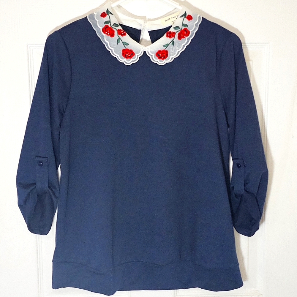 Faith and Joy by Monteau Beaded Lightweight Sweatshirt Small Blue